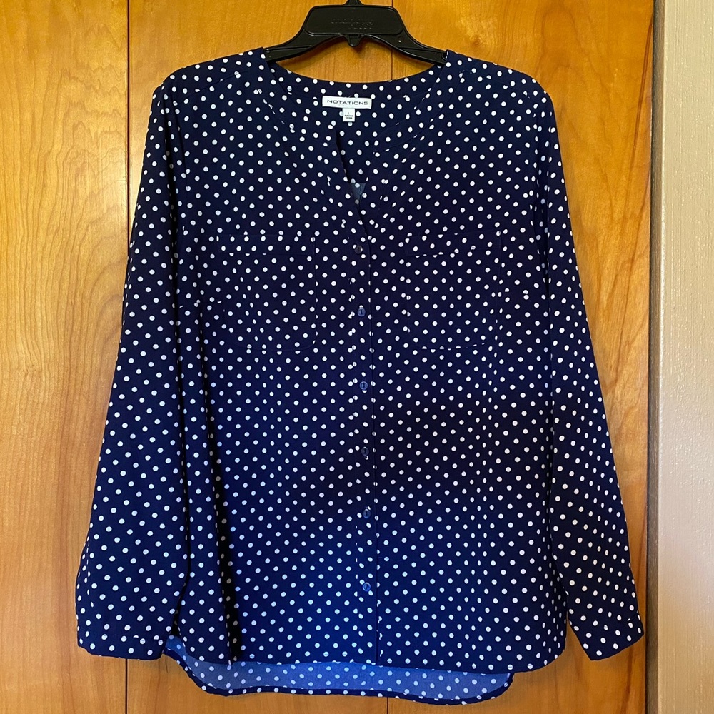 Navy Blue Polka Dot Button Down Blouse